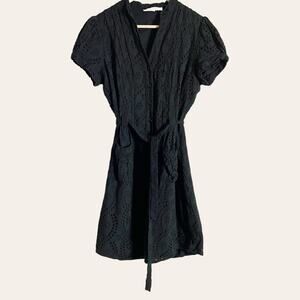 Anne Fontaine Melodie Black Eyelet Broderie Tie Waist Poplin Dress Size 6